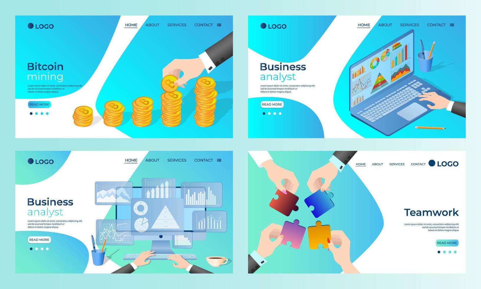 um conjunto de mineração templates.bitcoin de página de destino, análise de negócios, teamwork.templates para uso em ilustração vetorial development.flat de aplicativos móveis. vetor