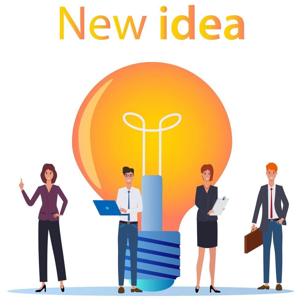 empresários e uma lâmpada. o conceito de trabalho em equipe, encontrar novas ideias e criar uma nova ilustração vetorial business.flat. vetor