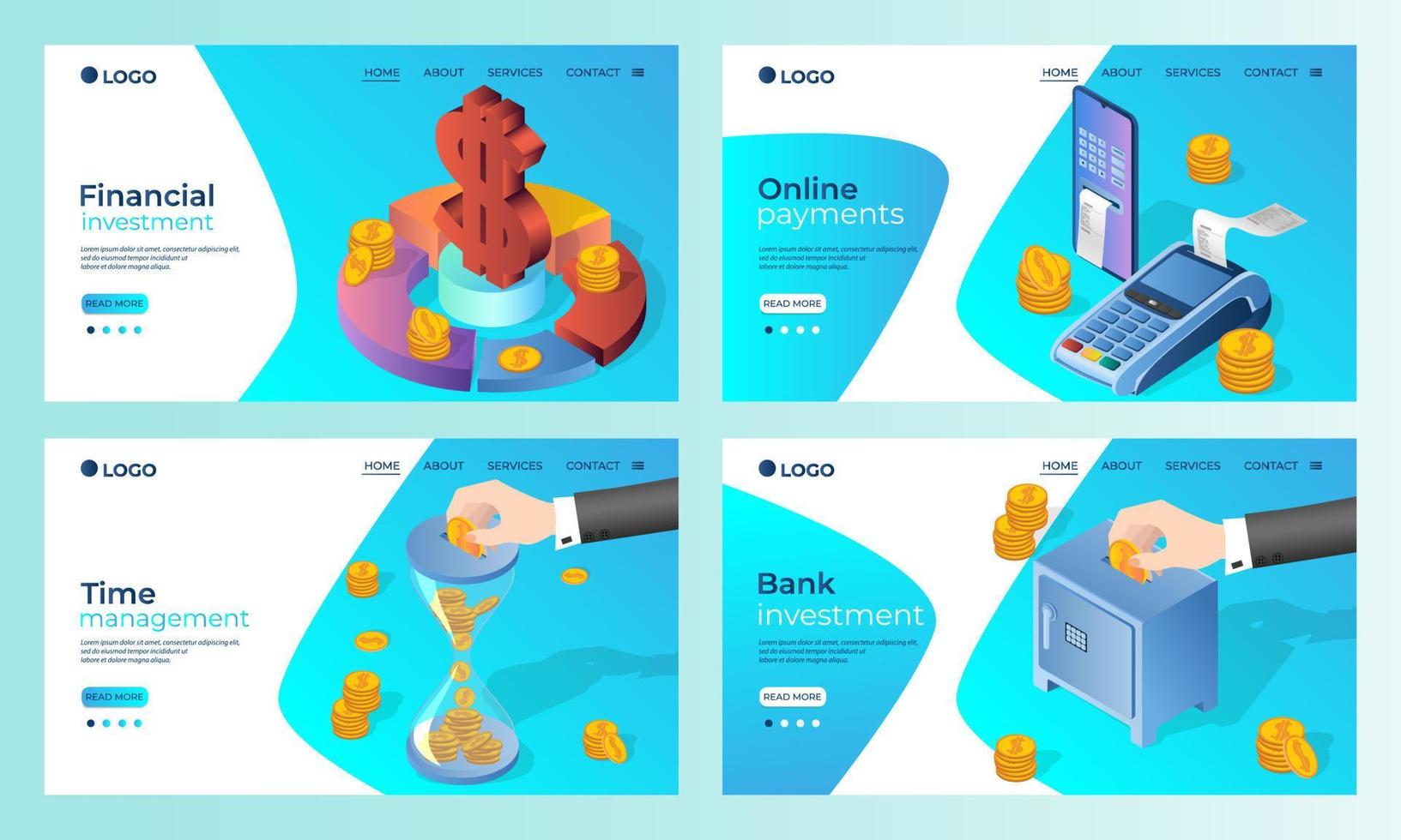 um conjunto de investimentos templates.financial de página de destino, pagamentos online, gerenciamento de tempo, bancos investimentos.templates para uso em ilustração vetorial development.flat de aplicativos móveis. vetor