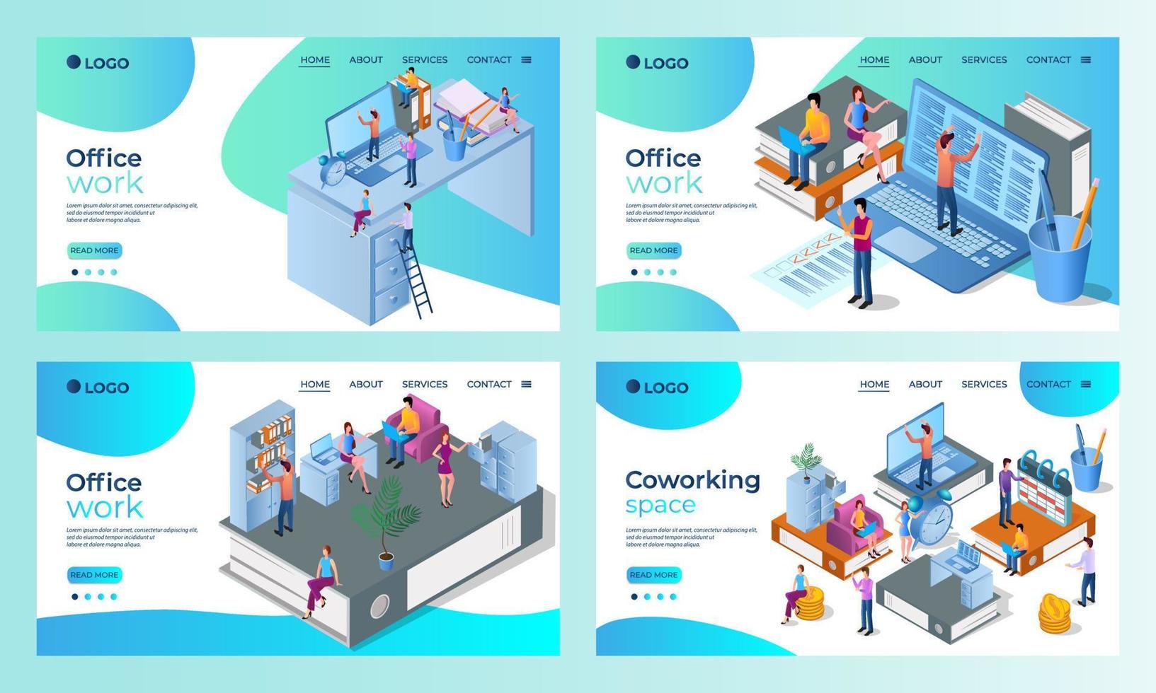 um conjunto de templates.office work.templates de página de destino para uso em ilustração vetorial development.flat de aplicativos móveis. vetor