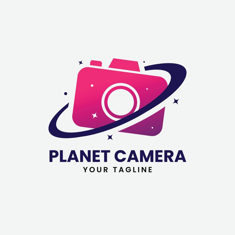 câmera com design de logotipo do planeta vetor