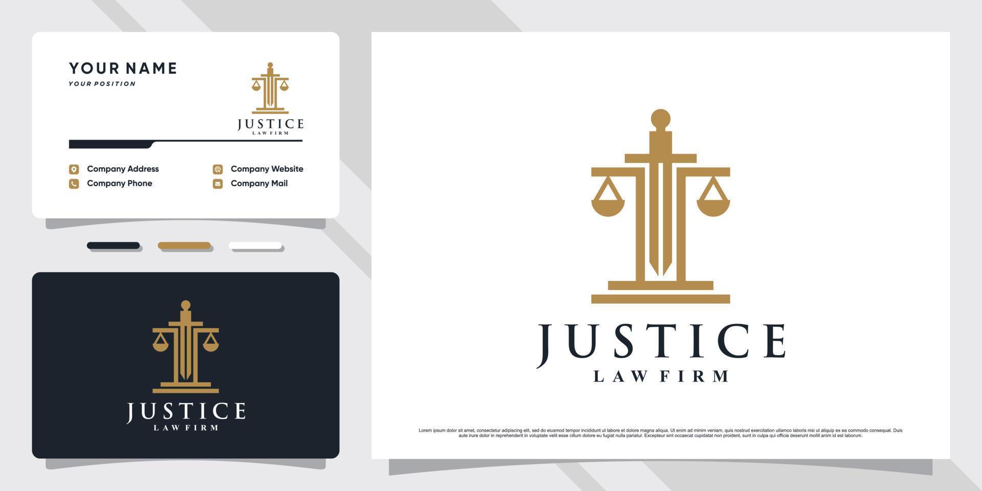 design de logotipo de escritório de advocacia de justiça com conceito simples e modelo de cartão de visita vetor