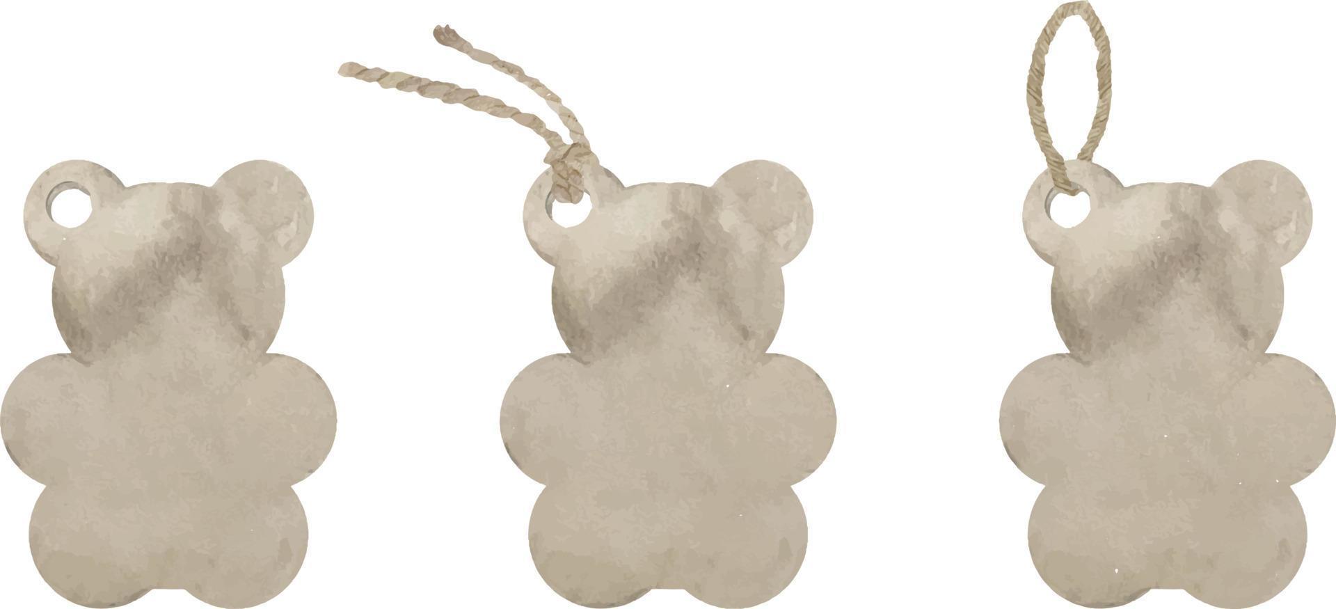 conjunto de etiquetas de papel kraft aquarela em forma de um urso de desenho animado isolado no fundo branco. rótulos de compras com cordas. ilustração da etiqueta kraft de venda vazia bege t vetor