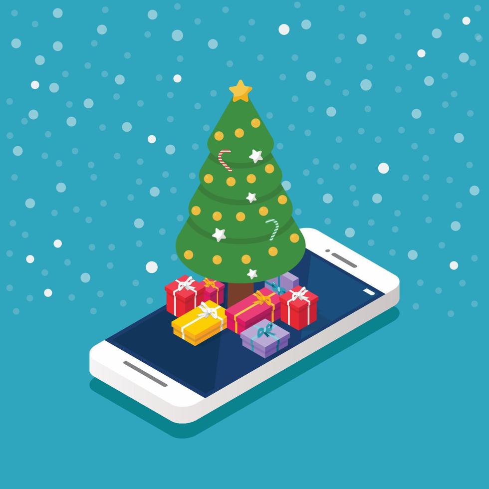 árvore de natal com caixas de presente na tela do smartphone isométrica vetor