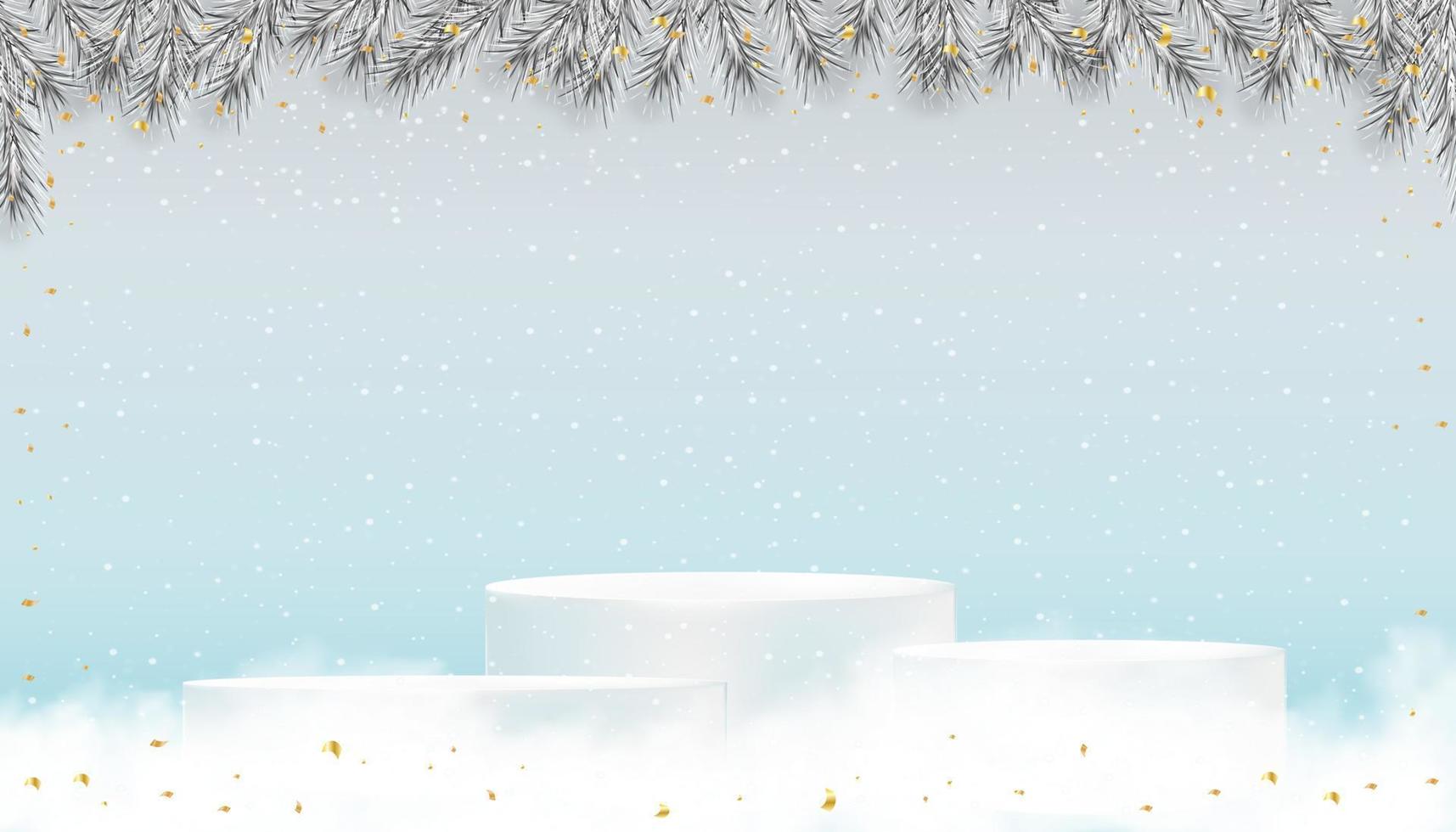 cartão de ano novo 2023, pódio de estúdio 3d em flocos de neve pendurados em fundo pastel de céu azul, pano de fundo vetorial banner bonito e luxuoso para cartão de férias de inverno, temporada de venda de natal, desconto vetor