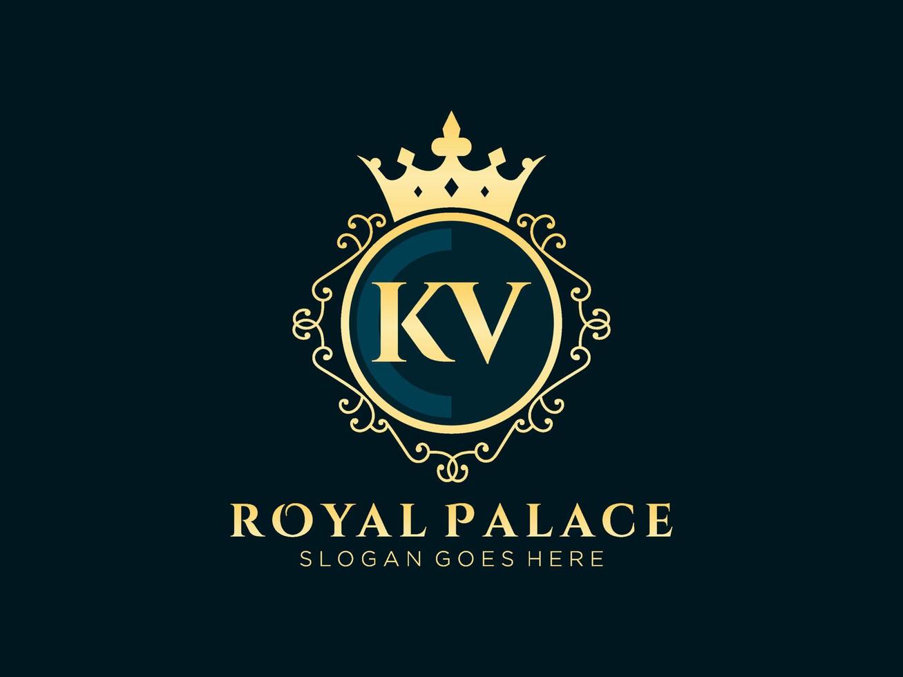 letra kv antigo logotipo vitoriano de luxo real com moldura ornamental. vetor