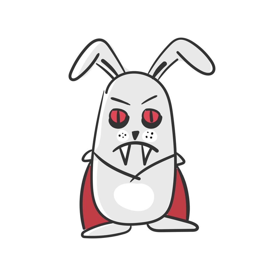 vampiro de coelho dos desenhos animados. ilustração para cartões de halloween em branco. lebre com olhos vermelhos, presas e um manto de vampiro vetor
