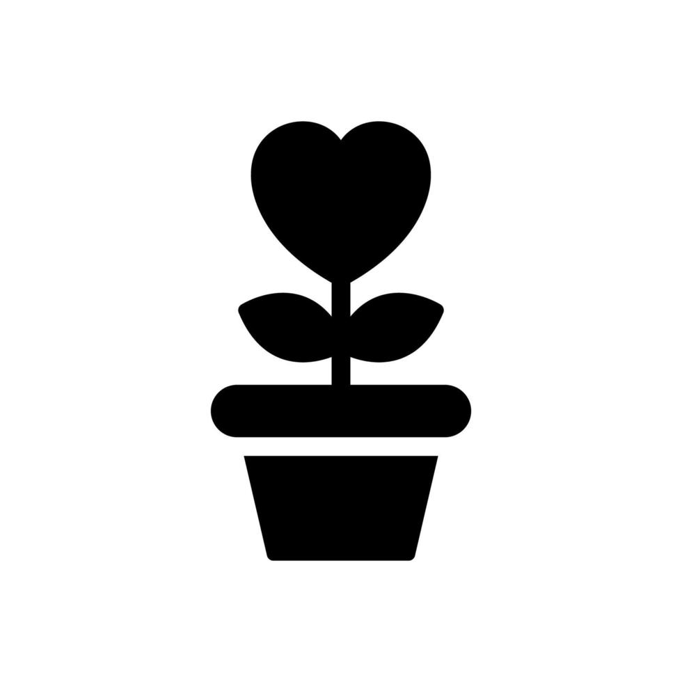 flor de forma de coração em pote com ícone de silhueta de folha. pictograma de símbolo de caridade, amor e romance. planta de flor cresce no ícone preto do vaso de flores. ilustração vetorial isolado. vetor