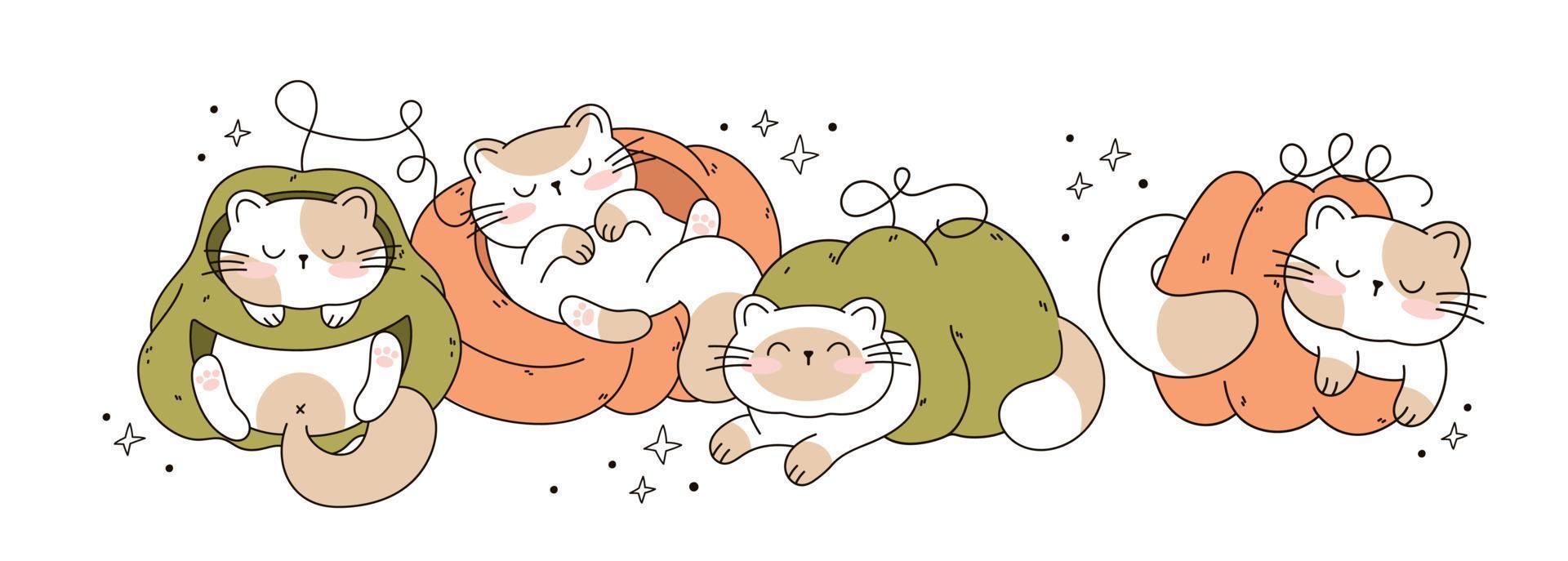 desenhe gatos engraçados dormindo em um gato kawaii de abóboras com abóbora para ação de graças e outono outono ilustração vetorial coleção de personagens de gato. estilo de desenho animado doodle. vetor