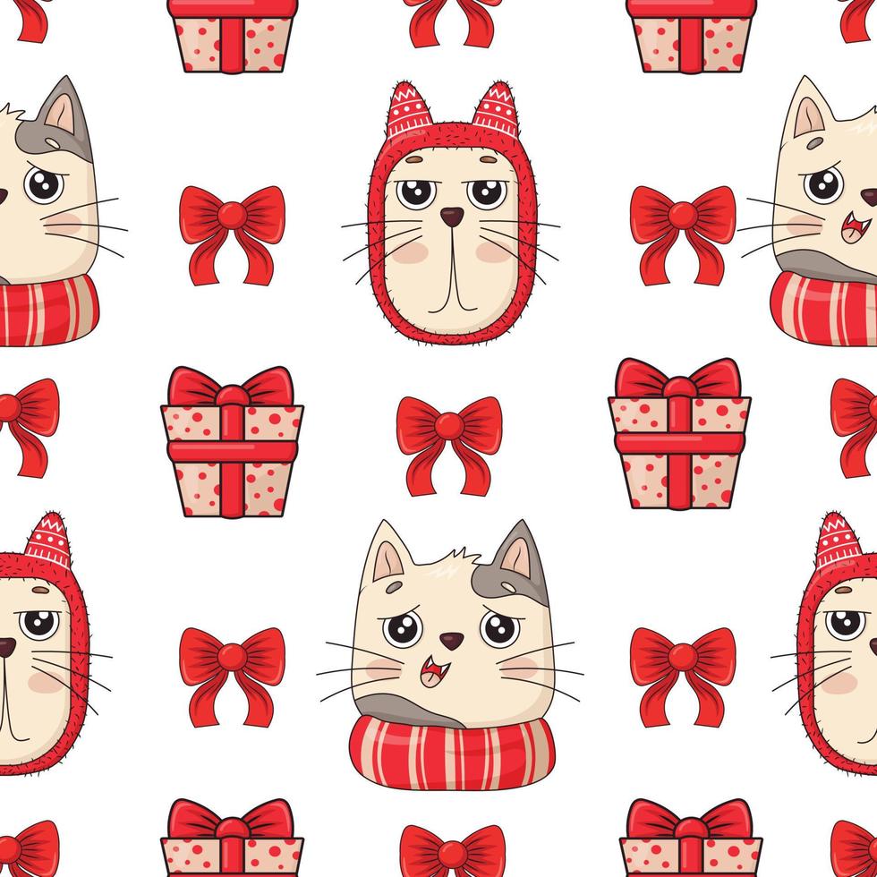 padrão perfeito com cabeças de gatos bonitos alegres de natal em chapéus e cachecóis de malha rosa-vermelho, arcos e presentes de ano novo vetor
