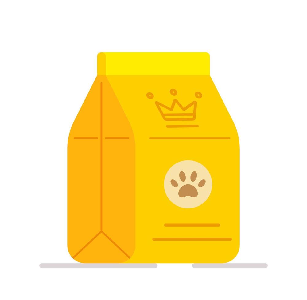 grande saco de comida de cachorro isolado em um fundo branco. ilustração em vetor de um pacote amarelo de comida. alimentar um animal de estimação.