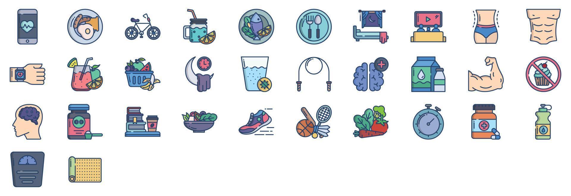 coleção de ícones relacionados ao estilo de vida saudável, incluindo ícones como café da manhã, ciclo, refeição dietética, dieta e muito mais. ilustrações vetoriais, conjunto perfeito de pixels vetor