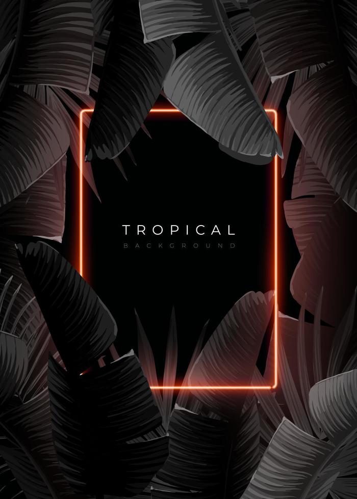 design tropical monocromático escuro com folhas de bananeira exóticas, molduras de néon suaves e espaço para texto. modelo de verão vetorial para pôster, banner, cartão ou folheto. vetor