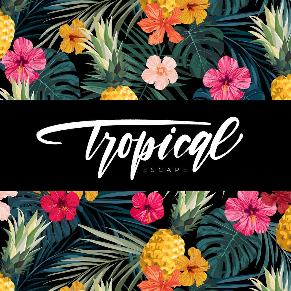 design de verão vetorial com folhas de palmeira exóticas, flores de hibisco, abacaxi e espaço para texto. modelo de oferta de venda, banner de fundo de panfleto. ilustração de cenário tropical. vetor