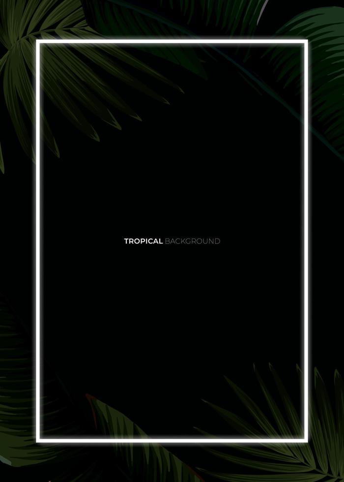 design de verão tropical escuro com folhas de palmeira de banana, moldura brilhante e espaço para texto. vetor de panfleto, banner ou modelo de cartão. fundo de vetor de verão.