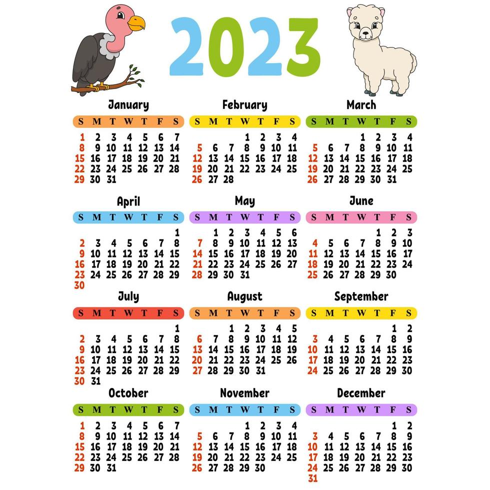 calendário para 2023 com um personagem fofo. design divertido e brilhante. ilustração vetorial de cor isolada. estilo de desenho animado. vetor