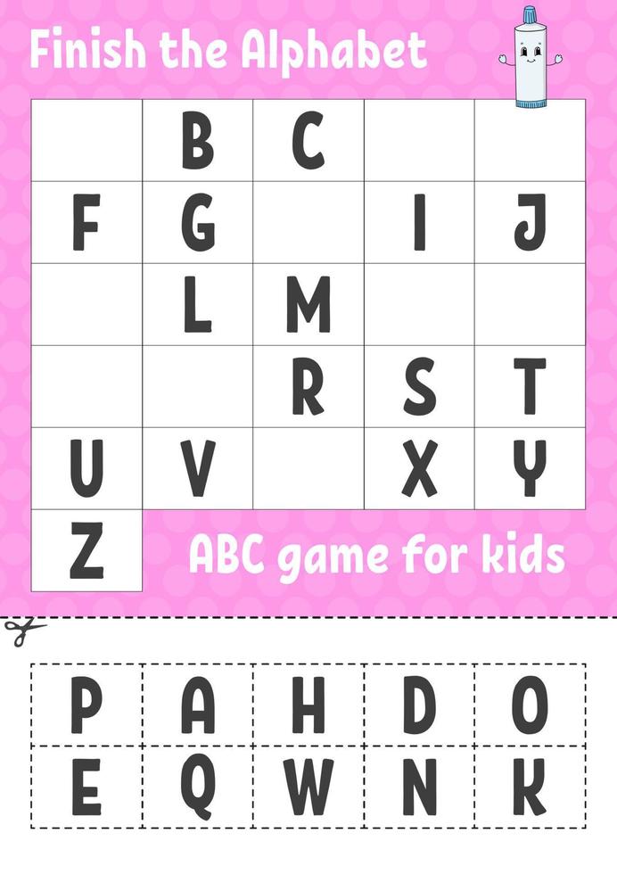 termine o alfabeto. jogo abc para crianças. corte e cole. planilha de desenvolvimento de educação. jogo de aprendizagem para crianças. página de atividades de cores. vetor