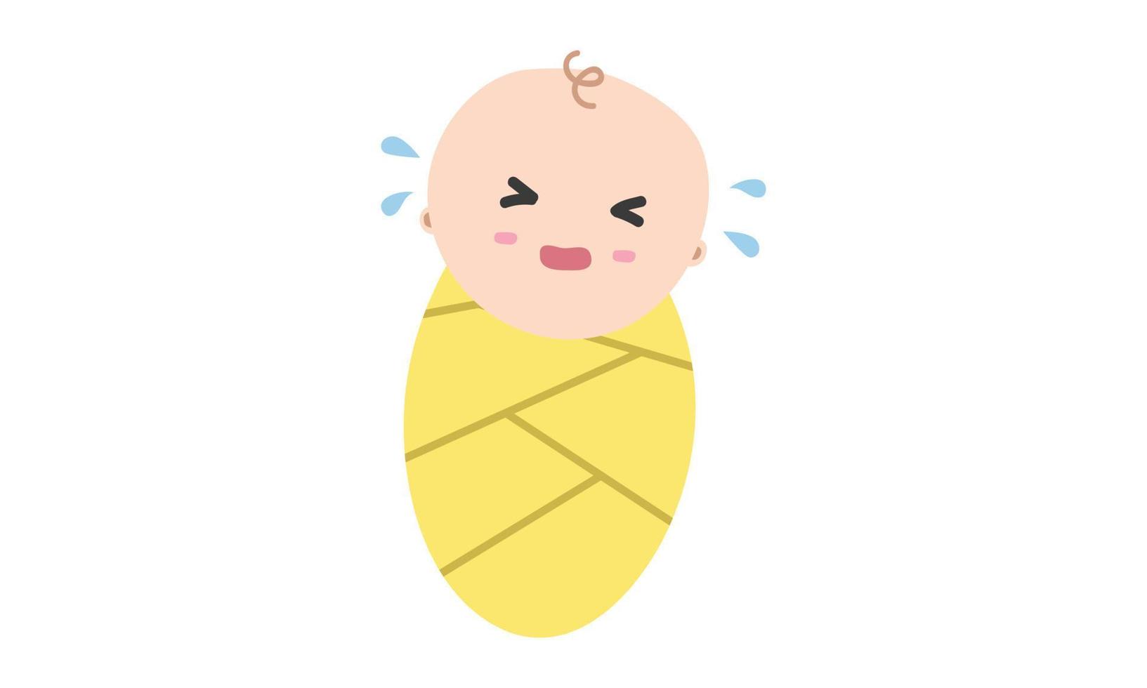 clipart de swaddle de bebê chorando. bebê chorão fofo simples enrolado em ilustração vetorial plana de cobertor amarelo. bebê infantil enfaixando o estilo dos desenhos animados. crianças, chá de bebê, recém-nascido e conceito de decoração de berçário vetor