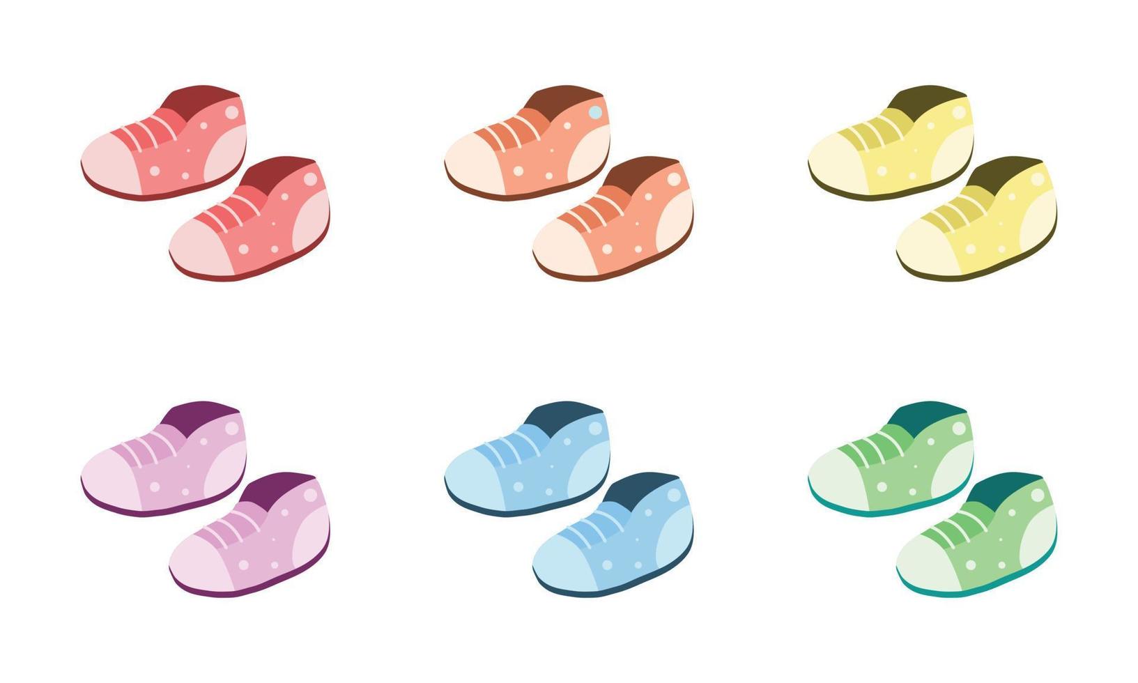 conjunto de vetores de clipart de sapatos de bebê colorido. sapatos de bebê verde bonito simples ou ilustração vetorial plana de tênis. botas, estilo cartoon de sapatos de bebê. crianças, chá de bebê, decoração recém-nascido e berçário