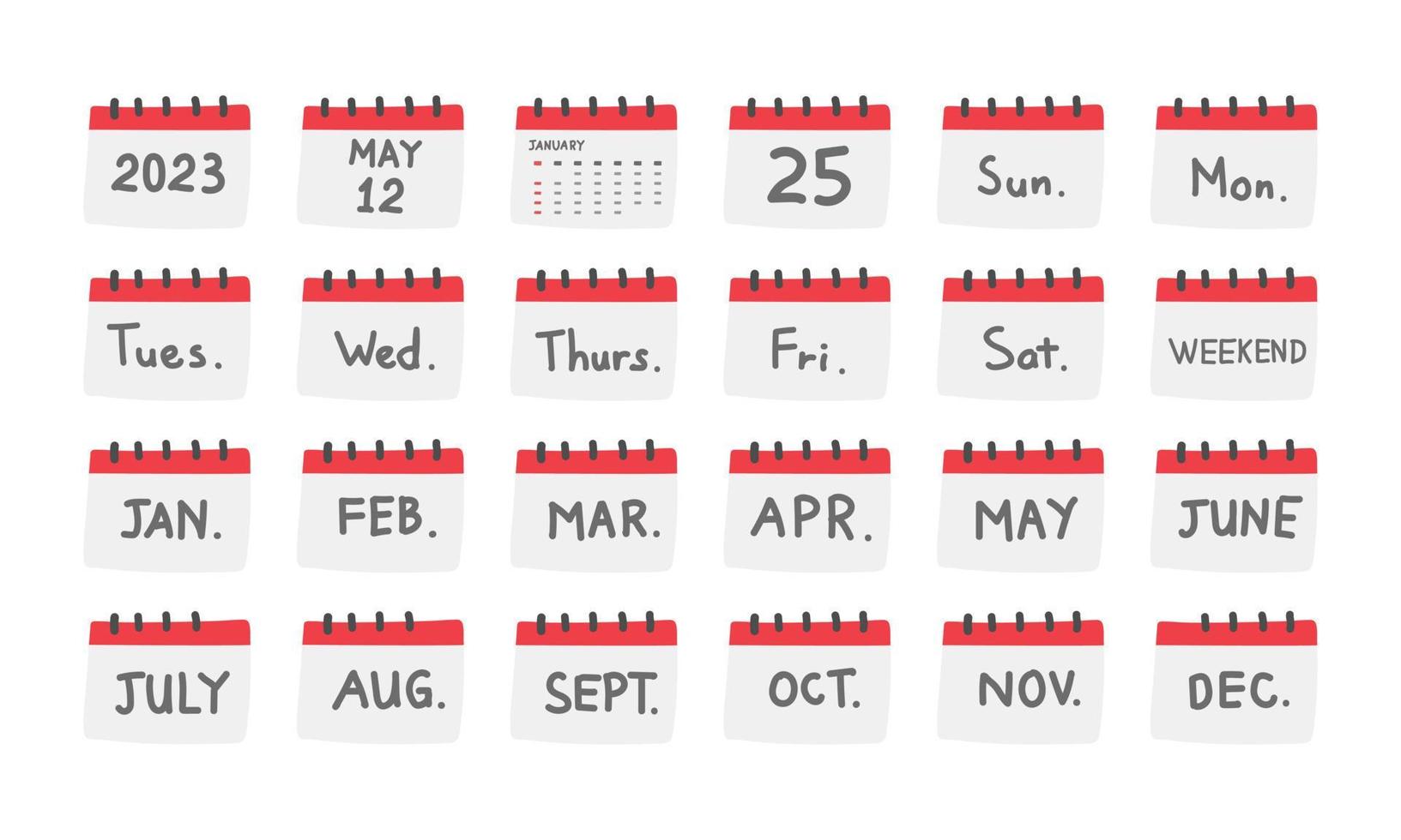 conjunto de ilustração em vetor desenho doodle simples calendário de mesa. calendário de mesa bonito mostrando dias da semana e meses do ano estilo plano desenhado à mão dos desenhos animados. organização, conceitos de eventos