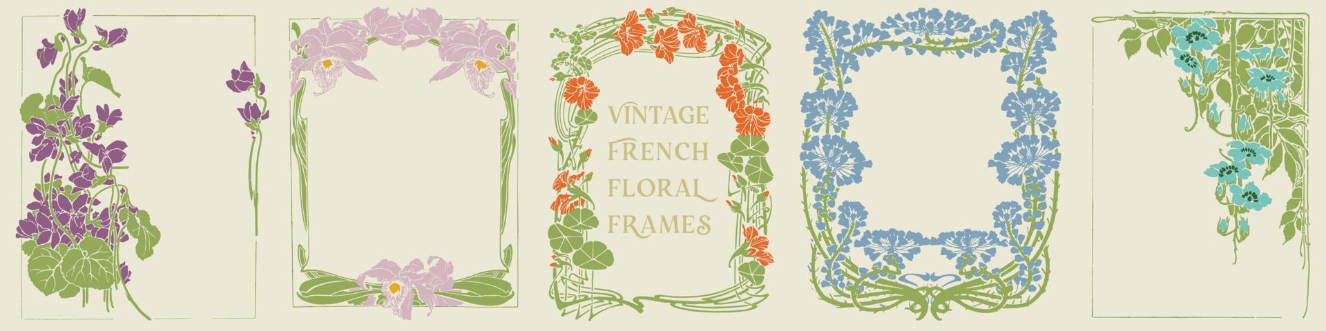 molduras florais francesas vintage. design de capa de livro, convite, design de etiqueta, embalagem, cartão postal e modelo de cartão. vetor