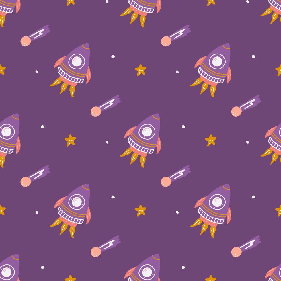 foguetes com estrelas em fundo roxo, padrão vetorial sem costura, impressão infantil para tecido, produtos de papel vetor
