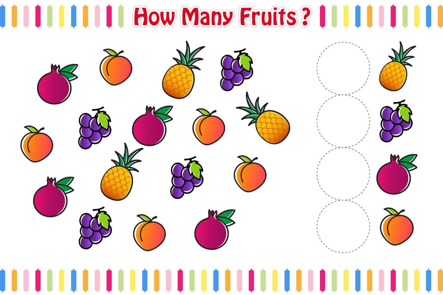 contando jogo com mascotes de frutas fofas, planilha de matemática de jogo de frutas, ilustração vetorial isolada vetor