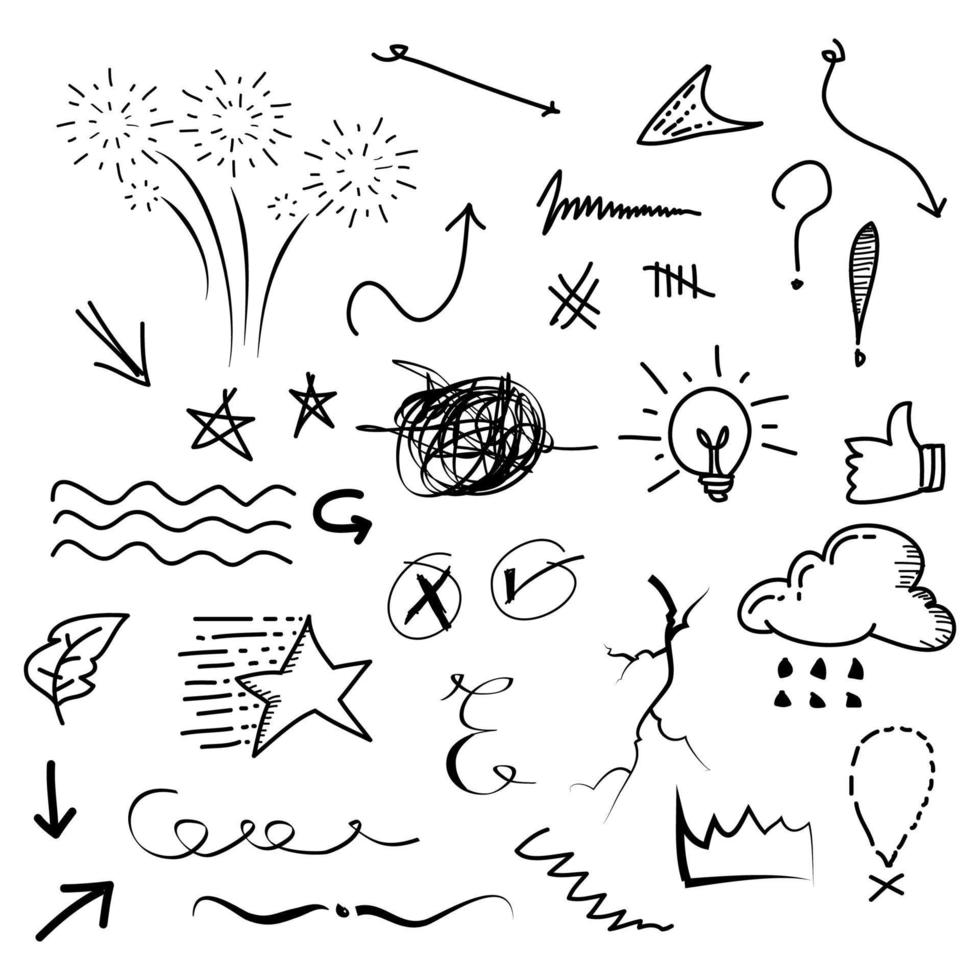 elementos de doodle para design de conceito no set. isolado no fundo branco. elementos infográficos. ênfase, swishes encaracolados, swoops, redemoinho, flecha. ilustração vetorial. vetor