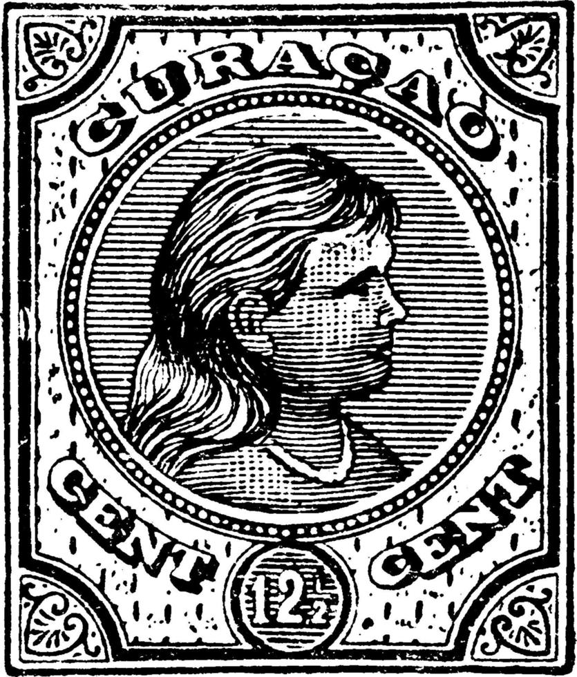 selo de 12 centavos e meio de curaçao, 1892-1893, ilustração vintage vetor