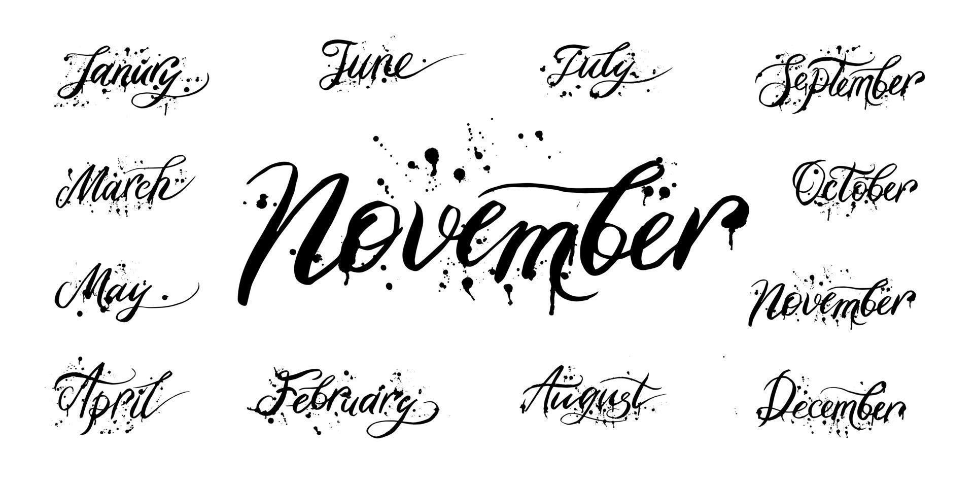 nomes de meses escritos à mão dezembro, janeiro, fevereiro, março, abril, maio, junho, julho, agosto, setembro, outubro, novembro com gotas de respingos de tinta. palavras caligráficas para calendários e organizadores. vetor