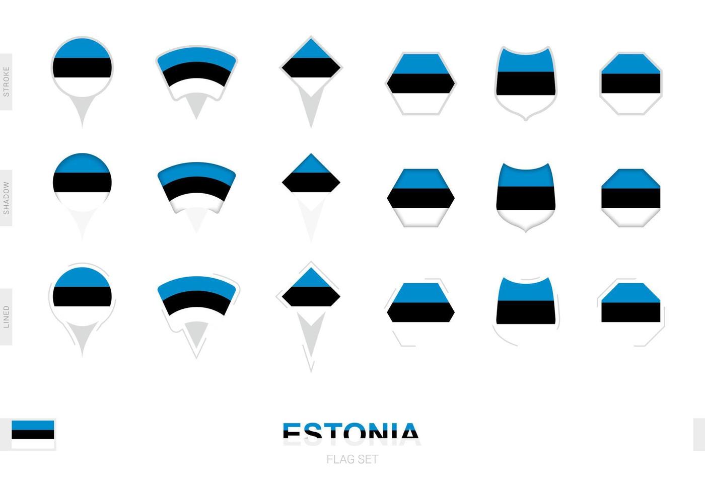 coleção da bandeira da estônia em diferentes formas e com três efeitos diferentes. vetor