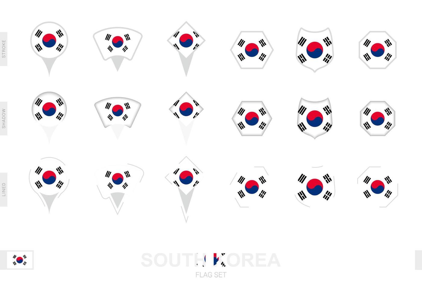 coleção da bandeira da coreia do sul em diferentes formas e com três efeitos diferentes. vetor