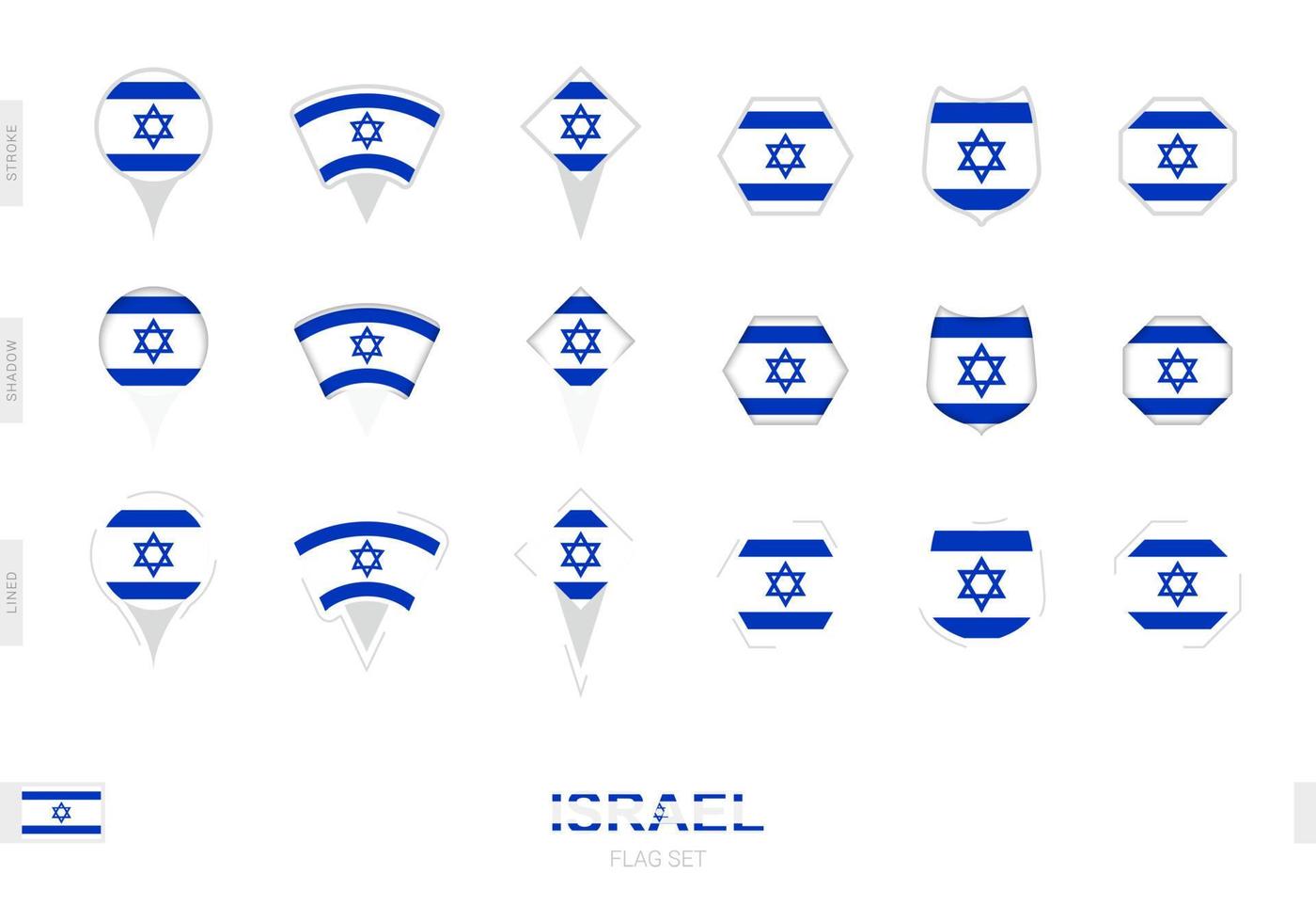 coleção da bandeira de israel em diferentes formas e com três efeitos diferentes. vetor