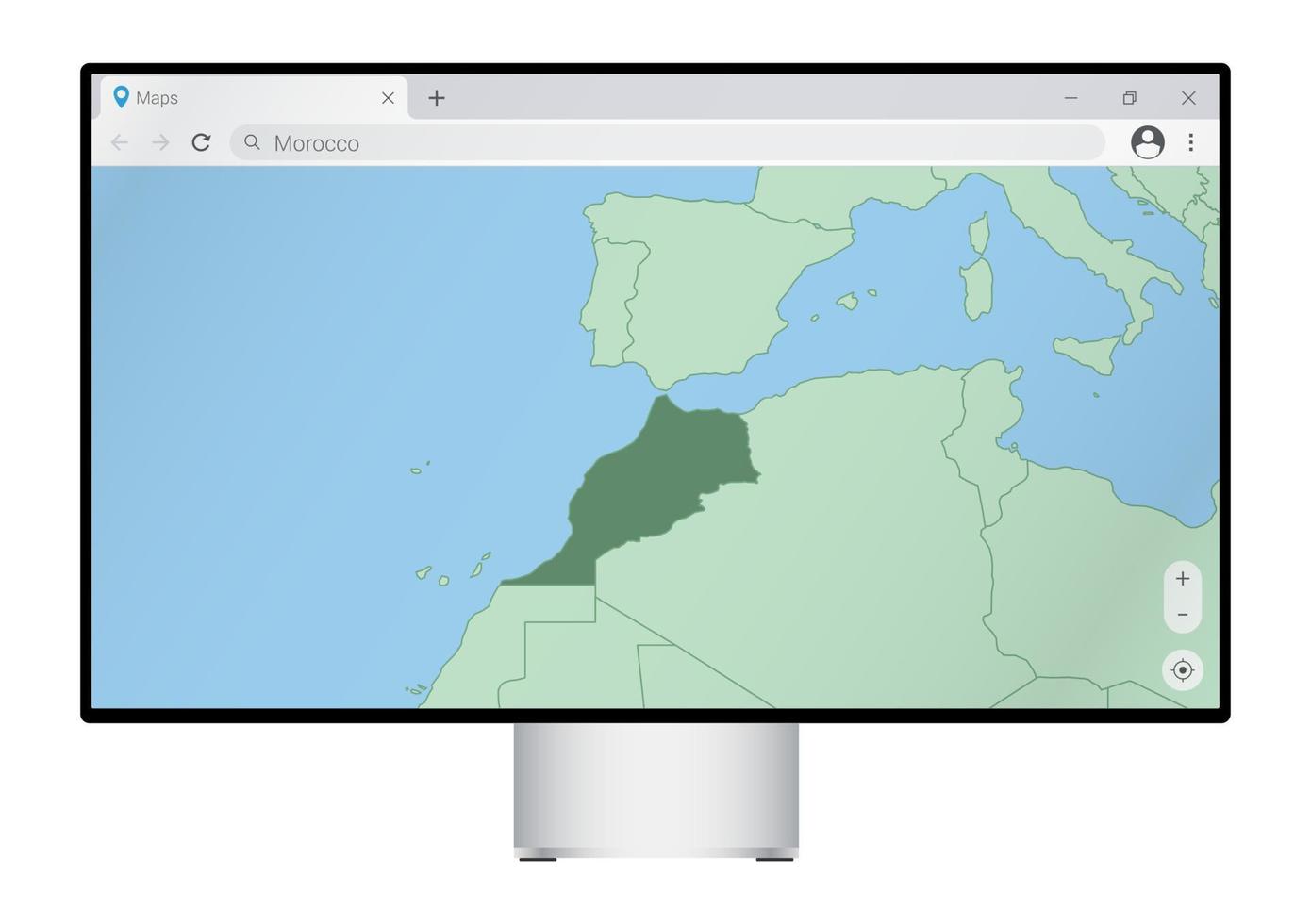 monitor de computador com mapa de marrocos no navegador, procure o país de marrocos no programa de mapeamento da web. vetor