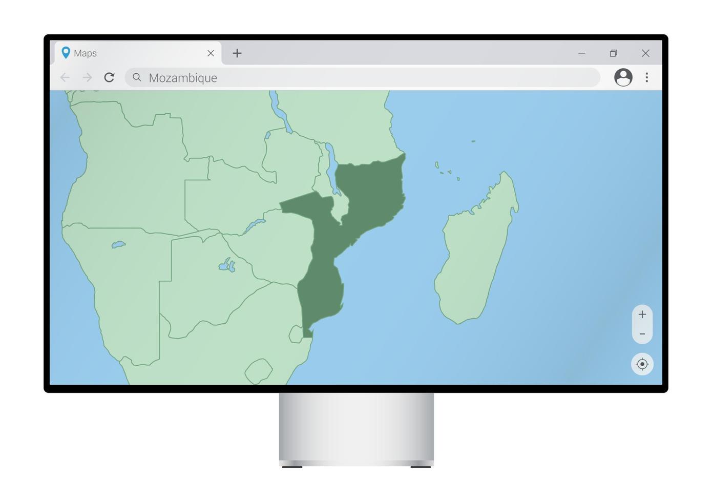 monitor de computador com mapa de moçambique no navegador, procure o país de moçambique no programa de mapeamento da web. vetor