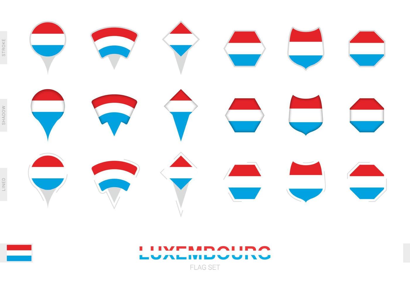 coleção da bandeira do luxemburgo em diferentes formas e com três efeitos diferentes. vetor