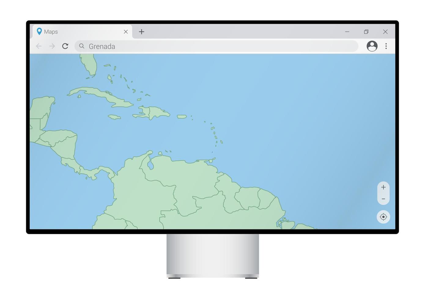 monitor de computador com mapa de granada no navegador, procure o país de granada no programa de mapeamento da web. vetor