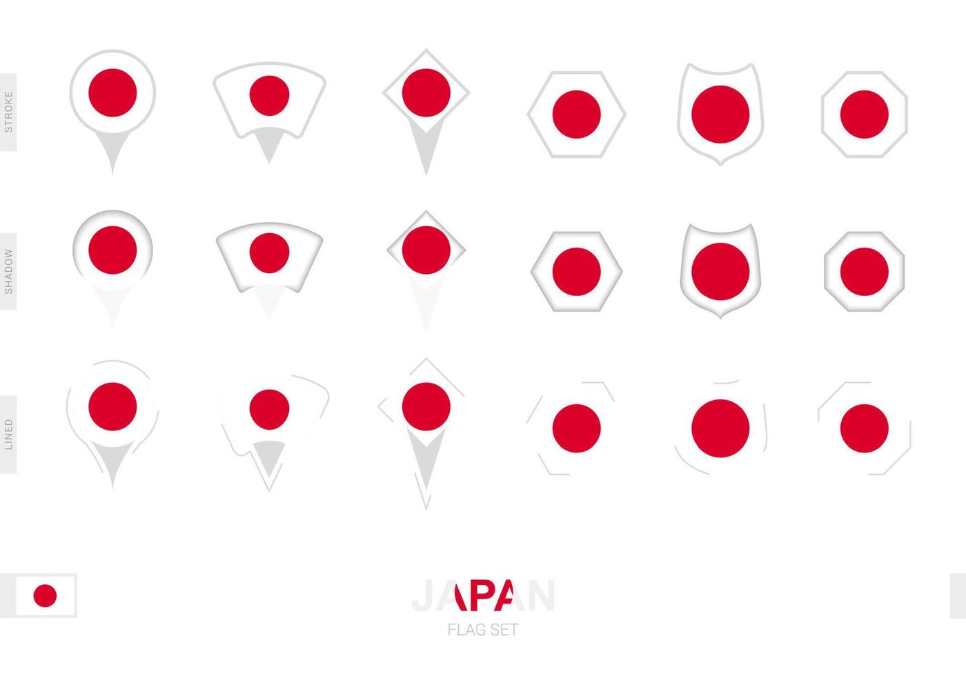 coleção da bandeira do japão em diferentes formas e com três efeitos diferentes. vetor
