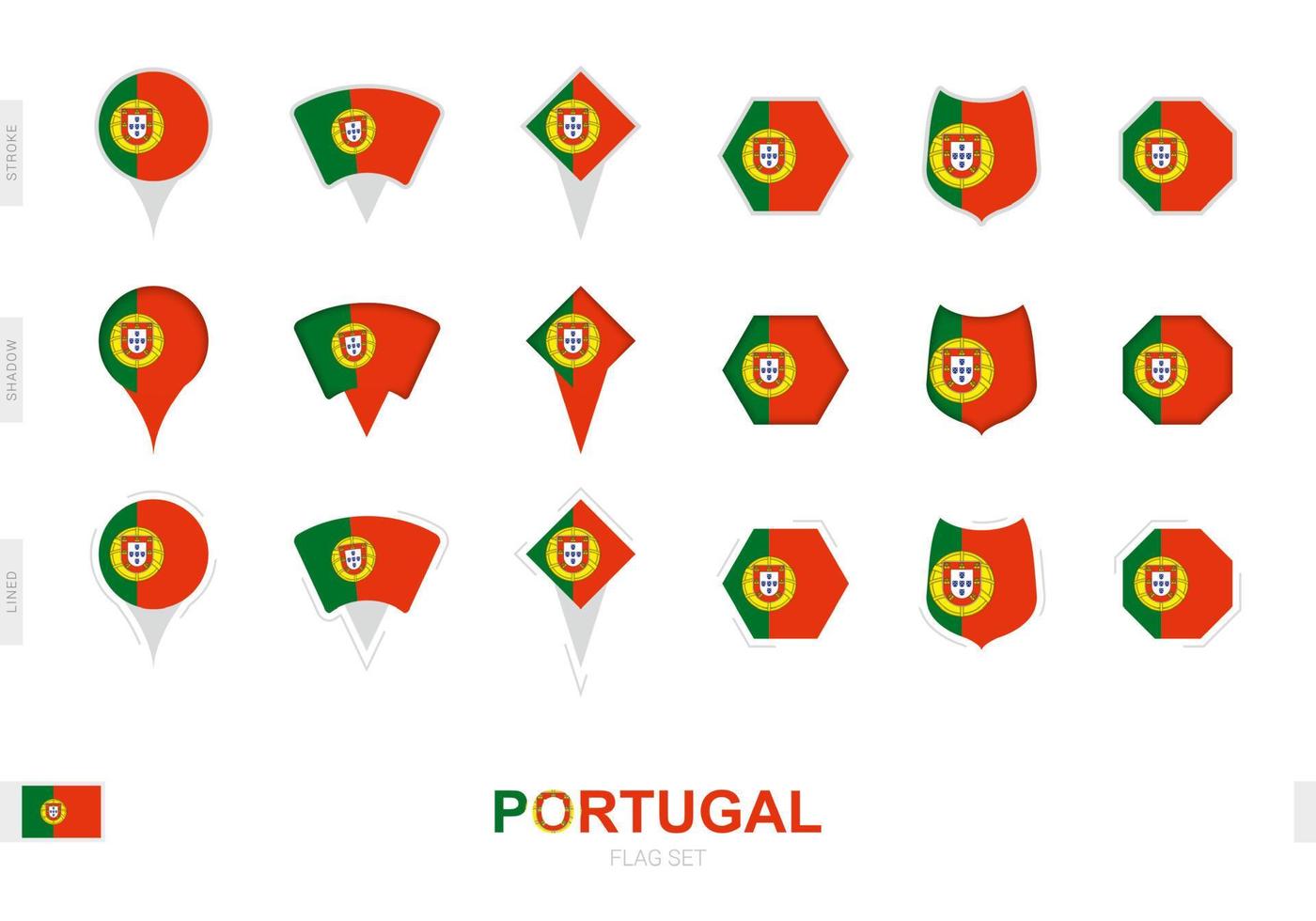 coleção da bandeira de portugal em diferentes formas e com três efeitos diferentes. vetor