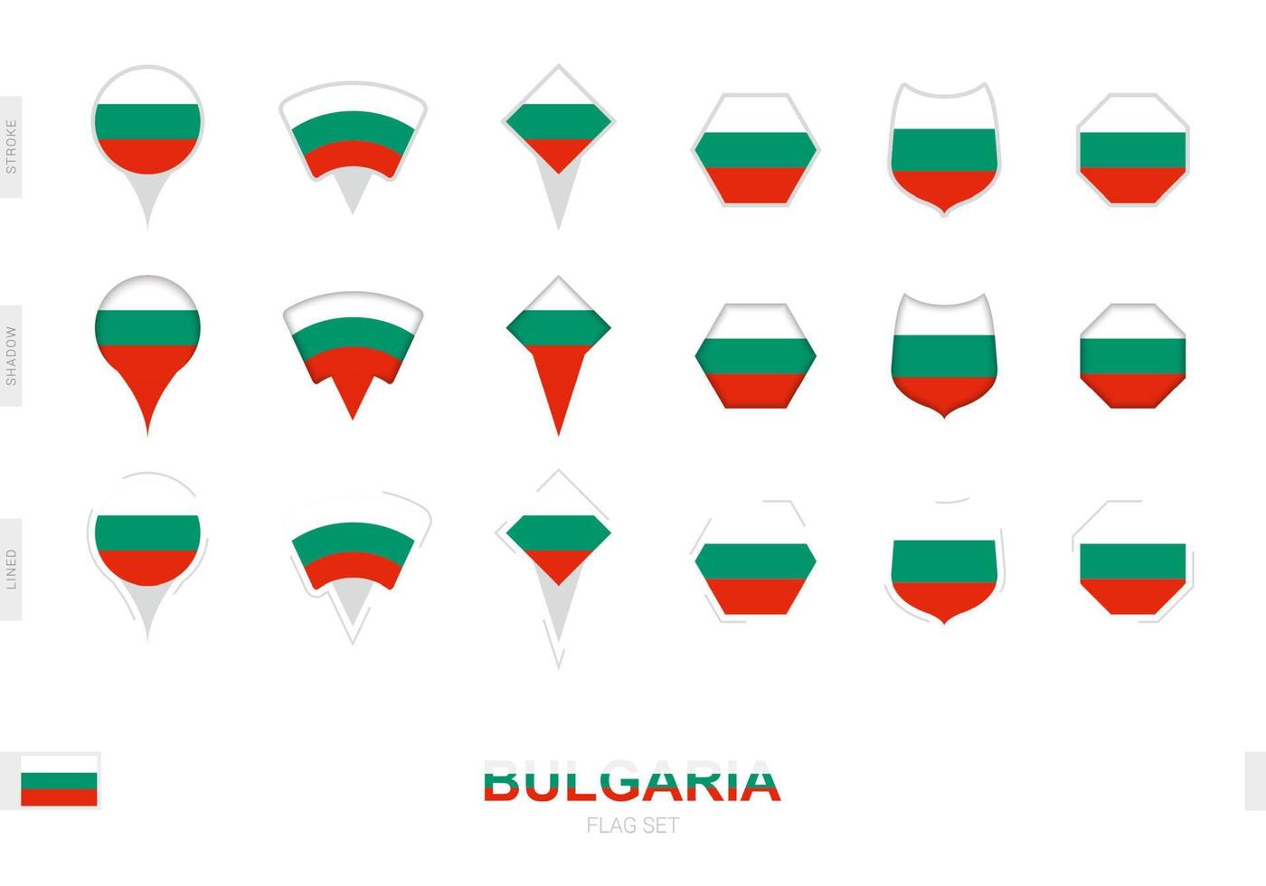 coleção da bandeira da bulgária em diferentes formas e com três efeitos diferentes. vetor