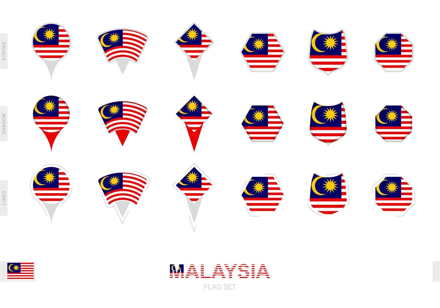 coleção da bandeira da malásia em diferentes formas e com três efeitos diferentes. vetor