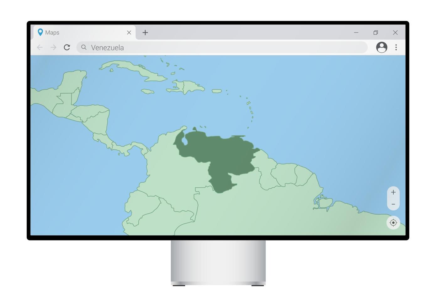 monitor de computador com mapa da venezuela no navegador, procure o país da venezuela no programa de mapeamento da web. vetor