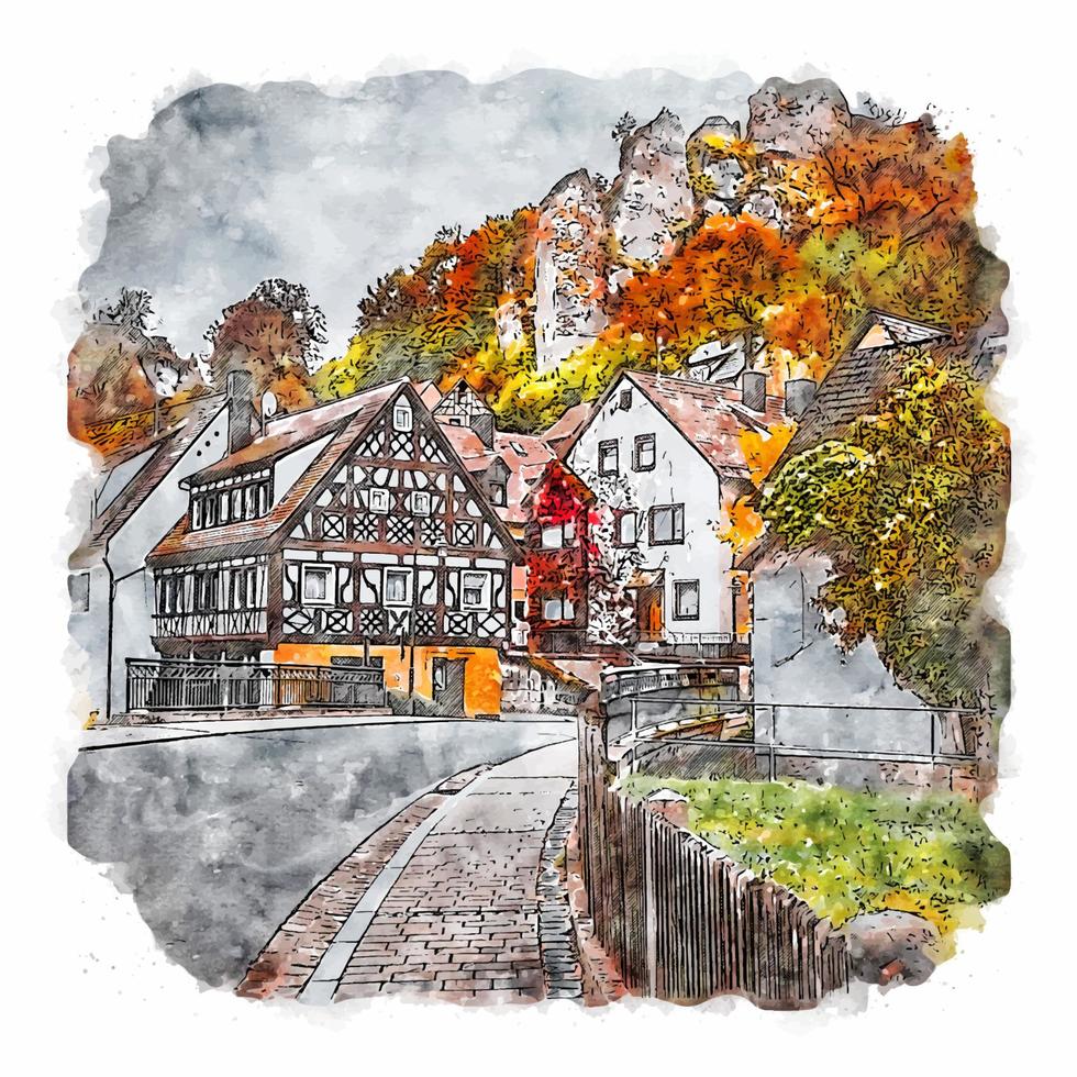 frankische schweiz alemanha esboço em aquarela ilustração desenhada à mão vetor