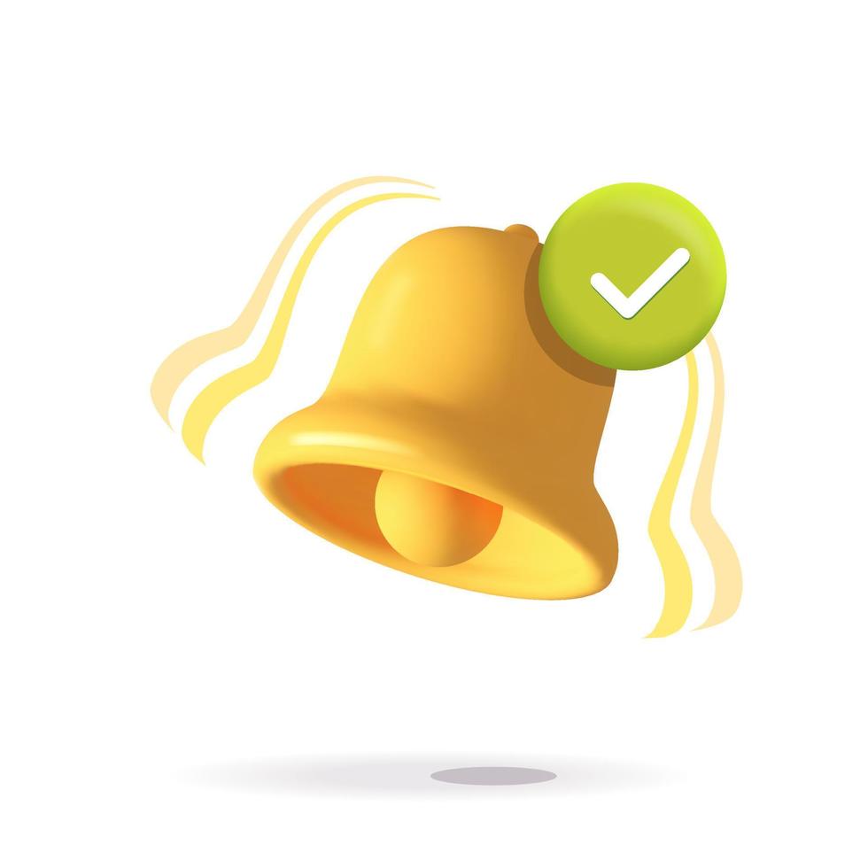 Boletim de renderização de plástico de desenho vetorial 3d, nova mensagem ou símbolo de lembrete de sino de toque amarelo com design de sinal de marca de seleção vetor