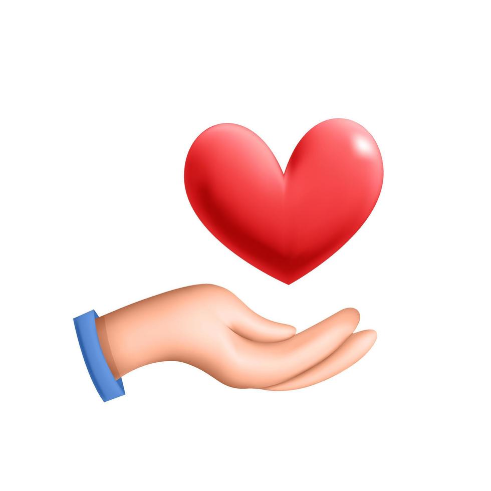 3d vector cartoon feminino renderização mão segura banner de design de ícone de coração vermelho