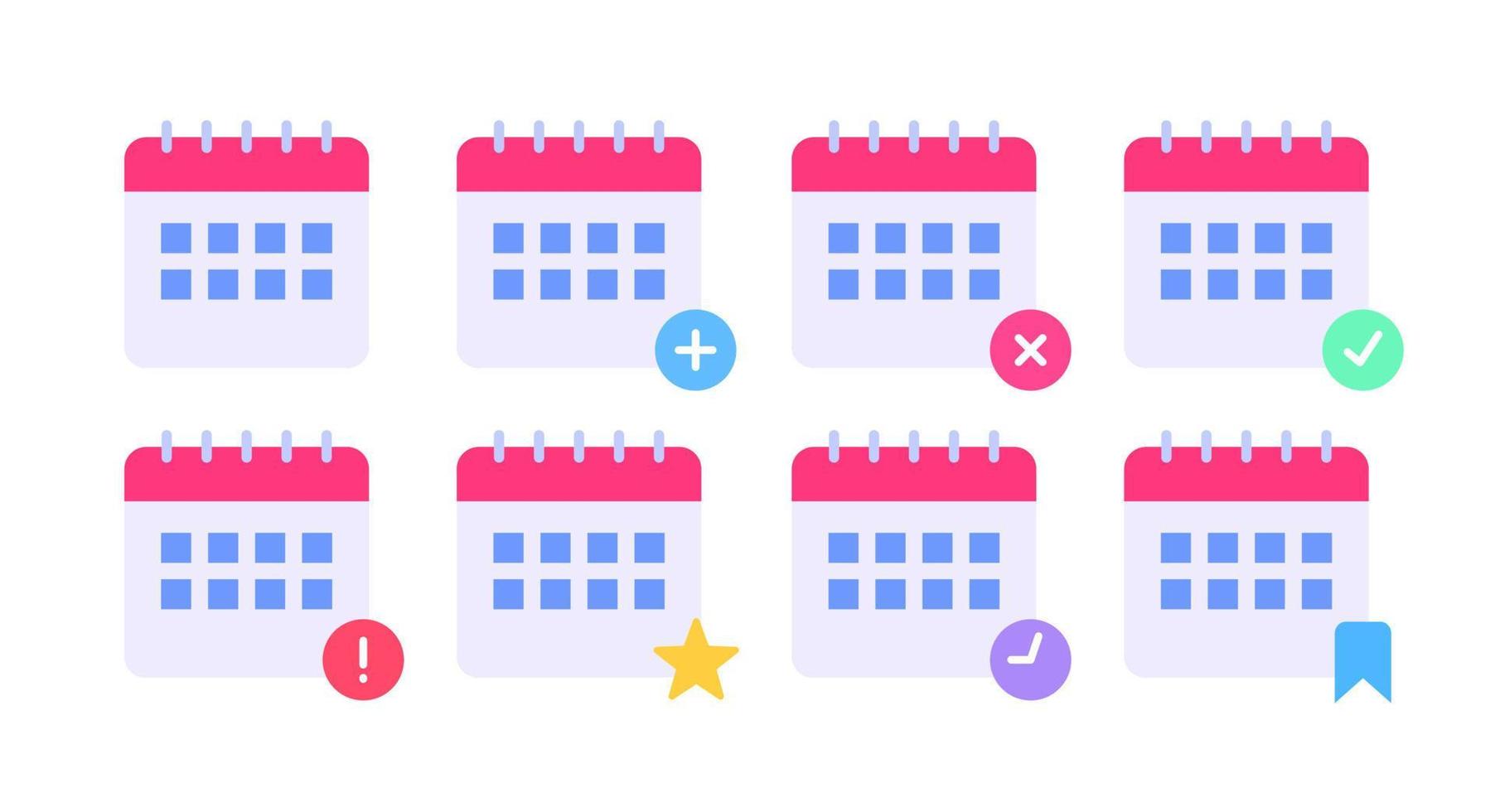 conjunto de ícones de agenda de calendário plano vetor colorido simples adicionar remover verificar ilustração de design de agenda de marcador favorito