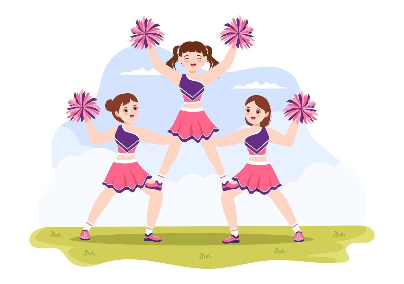 garota líder de torcida com pompons de dança e salto para apoiar o esporte de equipe durante a competição na ilustração de modelos desenhados à mão de desenho plano vetor