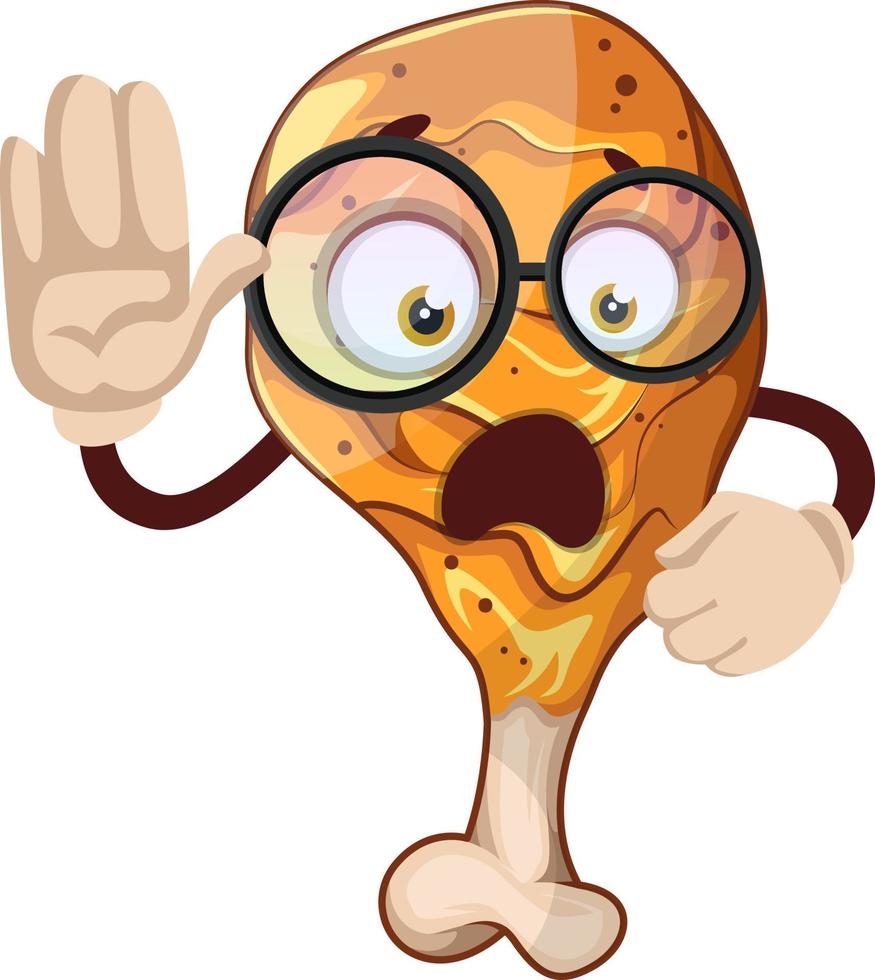 um personagem de frango frito assustado com óculos, ilustração, vetor em fundo branco.