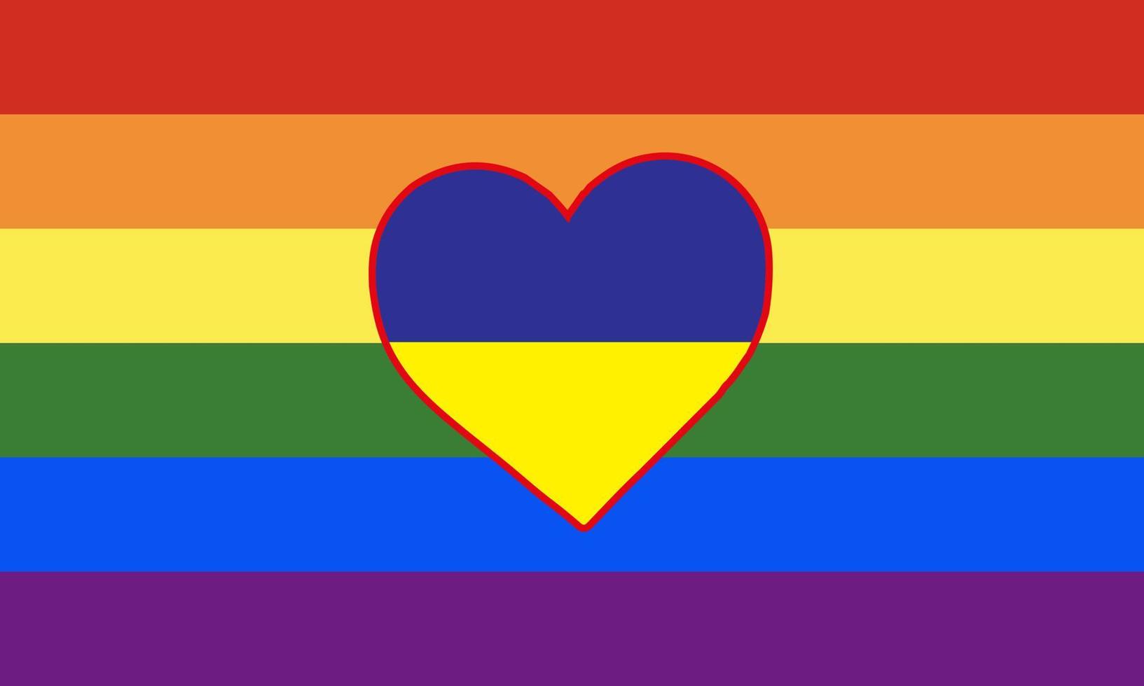 coração pintado nas cores da bandeira da comunidade lgbt na bandeira da ucrânia. ilustração em vetor de um coração de arco-íris em um fundo azul-amarelo.