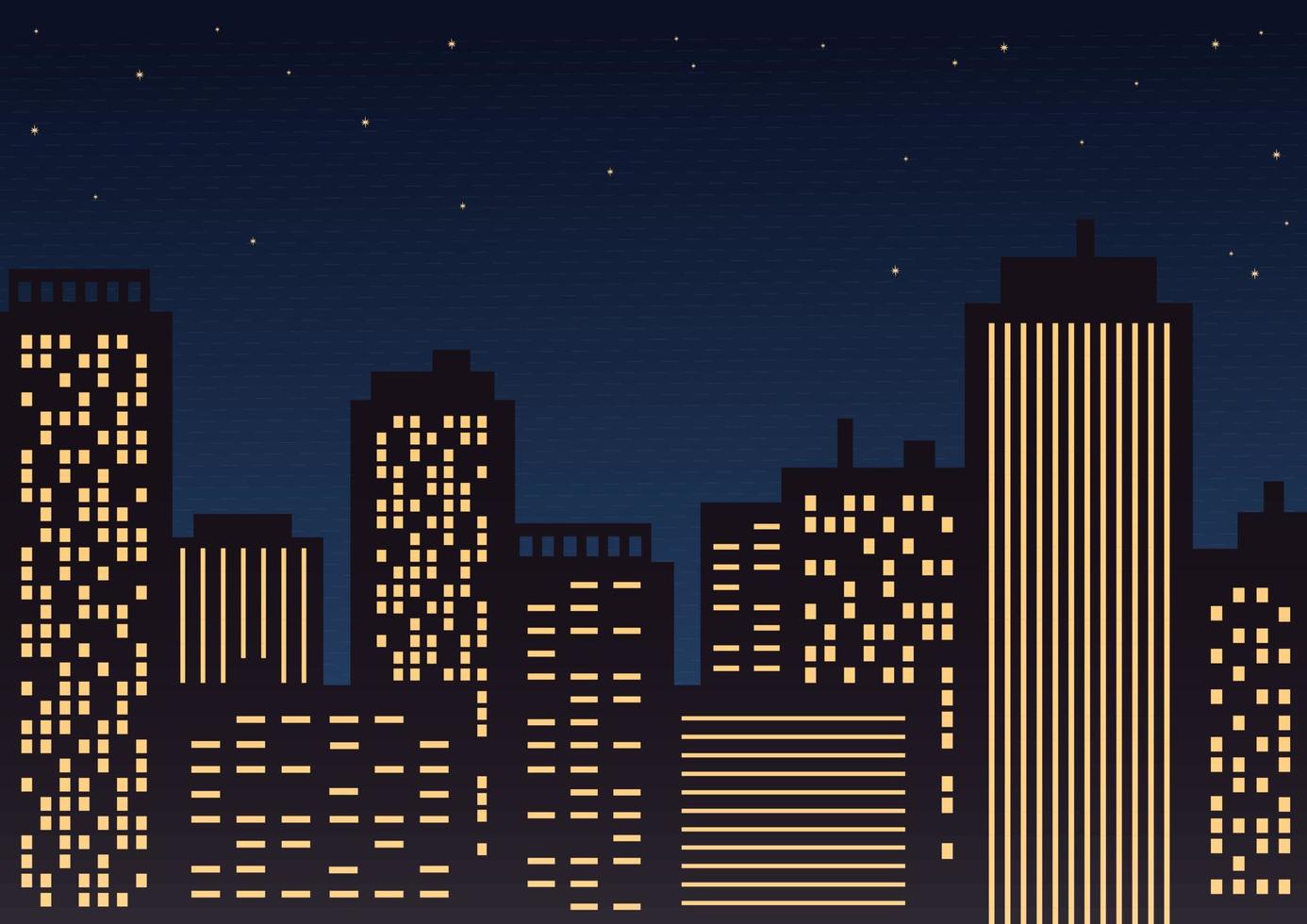 panorama noturno da cidade. edifícios com janelas luminosas contra o céu estrelado. ilustração em vetor plana.
